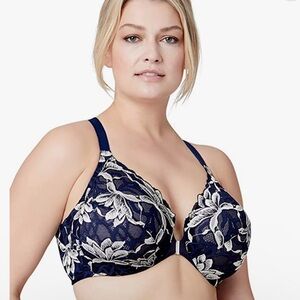NWOT Bramour Full Figure Plus Underwire Front Close Racerback Floral Lace Bra